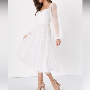 Lulu’s White Dress - Affectionate Aura White Swiss Dot Tiered Bustier Midi Dress